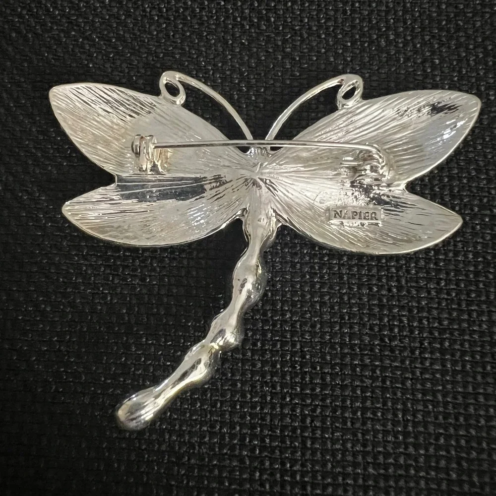 Vtg Napier Silver Tone Green Enamel Blue Crystal Dragonfly Brooch Fairycore